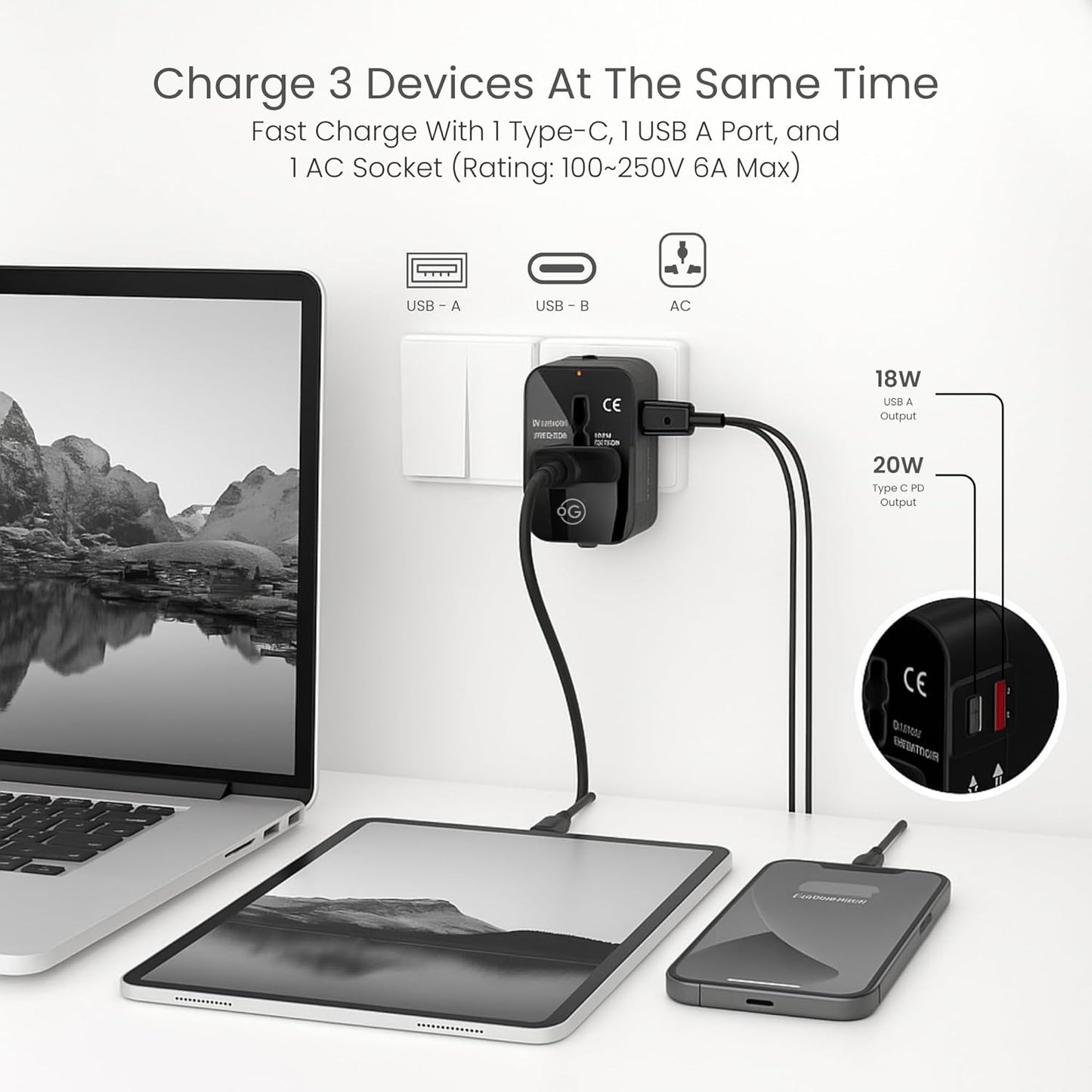 OOGE Universal Travel Adapter – 38W Fast Charger