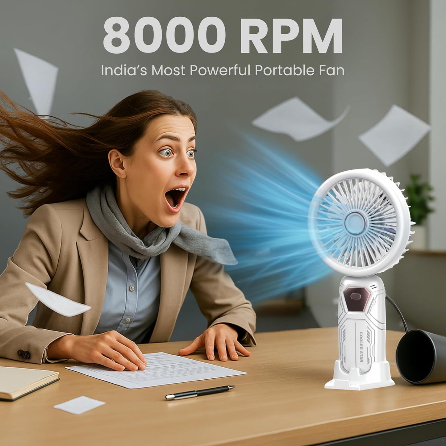 OOGE Breeze 2000 – High Speed Portable Rechargeable Fan (White)